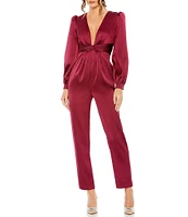 Mac Duggal Front Twist Long Puff Sleeve Deep V-Neck Jumpsuit