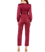 Mac Duggal Front Twist Long Puff Sleeve Deep V-Neck Jumpsuit