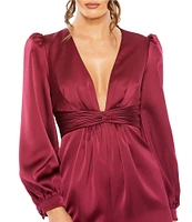 Mac Duggal Front Twist Long Puff Sleeve Deep V-Neck Jumpsuit