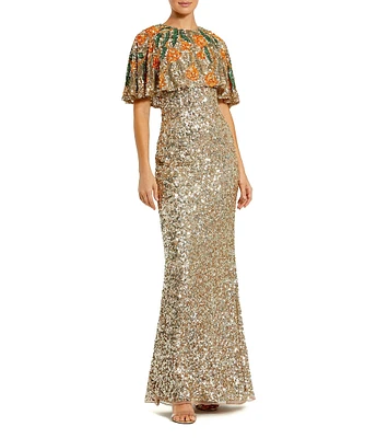 Mac Duggal Gold Embellished Mesh Crew Neck Beaded Floral Shawl Mermaid Gown