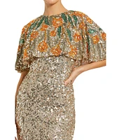 Mac Duggal Gold Embellished Mesh Crew Neck Beaded Floral Shawl Mermaid Gown