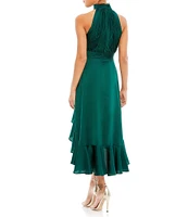 Mac Duggal Halter Mock Neck Sleeveless Ruffle High-Low A-Line Dress