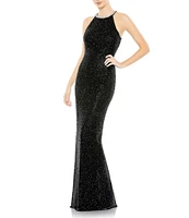 Mac Duggal Halter Neck Sleeveless Beaded Mesh Column Gown