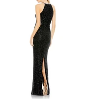 Mac Duggal Halter Neck Sleeveless Beaded Mesh Column Gown