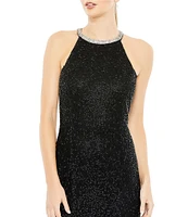 Mac Duggal Halter Neck Sleeveless Beaded Mesh Column Gown