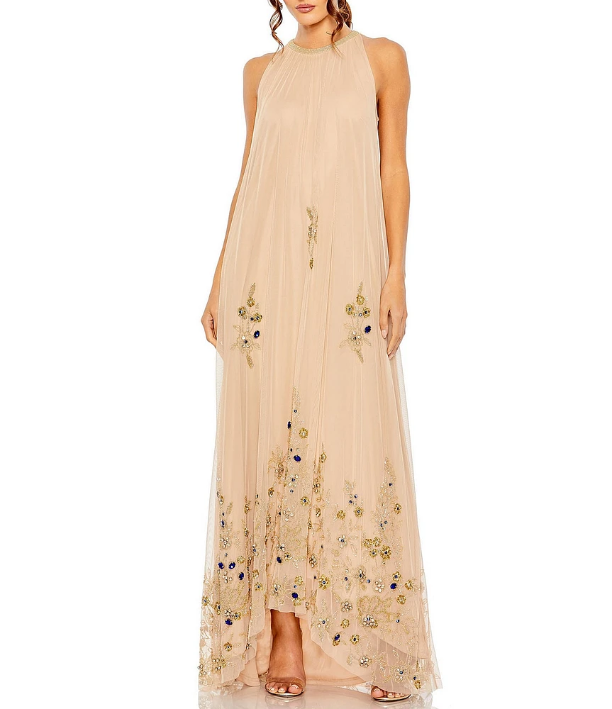Mac Duggal Halter Neck Sleeveless Hi-Low Embellished Hem Chiffon Trapeze Gown