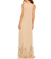Mac Duggal Halter Neck Sleeveless Hi-Low Embellished Hem Chiffon Trapeze Gown