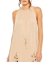 Mac Duggal Halter Neck Sleeveless Hi-Low Embellished Hem Chiffon Trapeze Gown