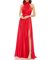 Mac Duggal Turtleneck Sleeveless Lined Thigh High Slit A-Line Open Back Detail Gown