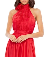 Mac Duggal Turtleneck Sleeveless Lined Thigh High Slit A-Line Open Back Detail Gown