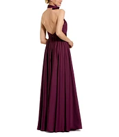 Mac Duggal Turtleneck Sleeveless Lined Thigh High Slit A-Line Open Back Detail Gown