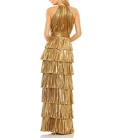Mac Duggal Halter Neck Sleeveless Pleated Tiered Ruffle Metallic Gown