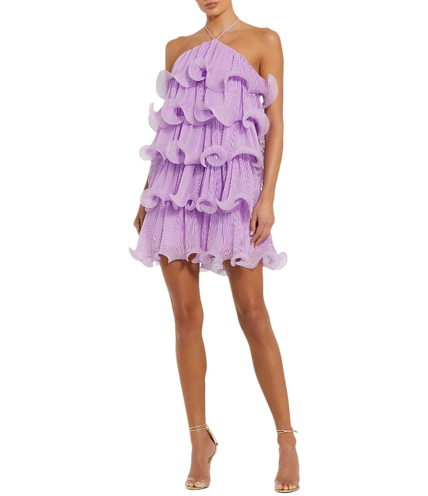 Mac Duggal Halter Neck Tiered Crinkle Chiffon Shift Dress
