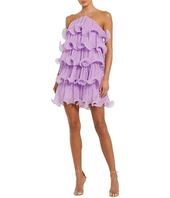 Mac Duggal Halter Neck Tiered Crinkle Chiffon Shift Dress