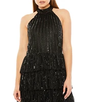Mac Duggal Halter Neck Tiered Sequin Mesh A-Line Dress