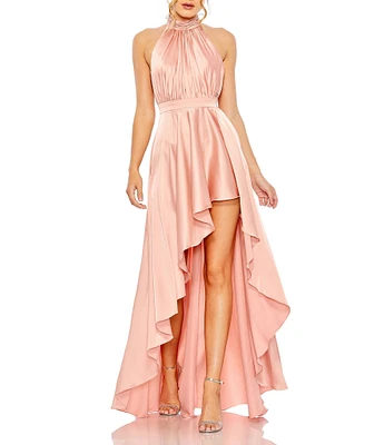 Mac Duggal Halter Neckline Hilo Hem Satin Charmeuse Ballgown