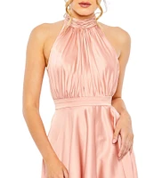 Mac Duggal Halter Neckline Hilo Hem Satin Charmeuse Ballgown