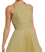 Mac Duggal Halter Neckline Pleated Glitter Knit Ballgown