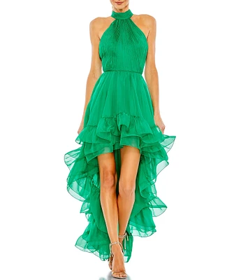 Mac Duggal Halter Neckline Ruffle Tiered High Lo Dress