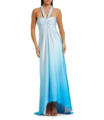 Mac Duggal Halter Neckline Sleeveless Ombre Satin Charmeuse Sheath Hi Lo Gown