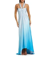 Mac Duggal Halter Neckline Sleeveless Ombre Satin Charmeuse Sheath Hi Lo Gown