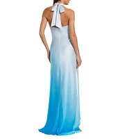 Mac Duggal Halter Neckline Sleeveless Ombre Satin Charmeuse Sheath Hi Lo Gown