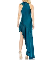 Mac Duggal Halter Tie Mock Neck Tiered Ruffle High-Low Hem Gown