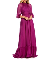 Mac Duggal 3/4 Illusion Balloon Sleeve Mock Neck Chiffon Tiered Ruffled Hem Gown