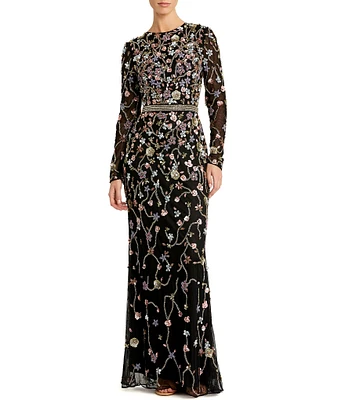 Mac Duggal Illusion Beaded Embellished Crew Neck Long Sleeve