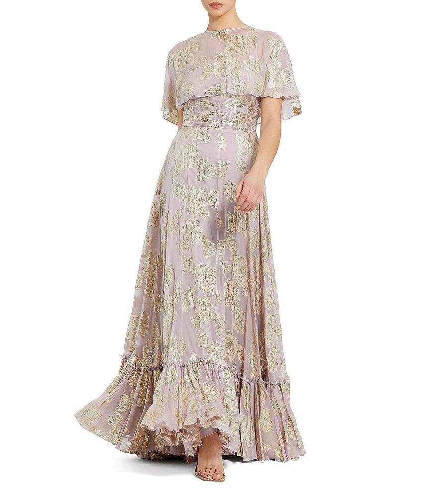 Mac Duggal Illusion Crew Neck Capelet Sleeve Embroider Chiffon Gown