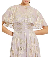 Mac Duggal Illusion Crew Neck Capelet Sleeve Embroider Chiffon Gown