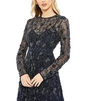 Mac Duggal Illusion Crew Neck Long Sheer Sleeve Beaded A-Line Midi Dress