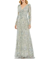 Mac Duggal Illusion Embroidered Lace V-Neck Long Puff Sleeve Trumpet Gown