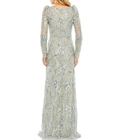 Mac Duggal Illusion Embroidered Lace V-Neck Long Puff Sleeve Trumpet Gown