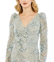 Mac Duggal Illusion Embroidered Lace V-Neck Long Puff Sleeve Trumpet Gown