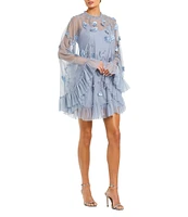 Mac Duggal Mock Neck Long Flared Sleeve Mesh A-Line Mini Dress