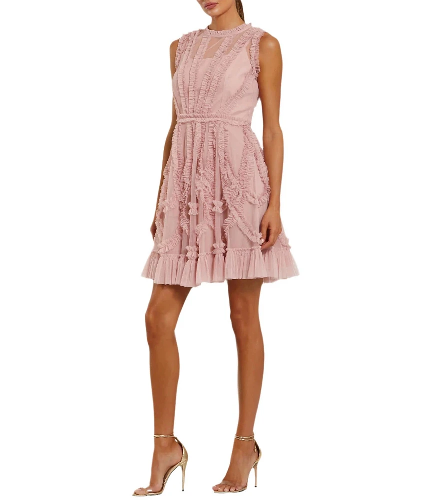 Mac Duggal Illusion Mock Neck Sleeveless Mesh Micro Ruffle Mini Dress