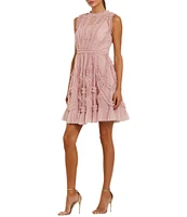 Mac Duggal Illusion Mock Neck Sleeveless Mesh Micro Ruffle Mini Dress