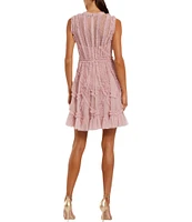 Mac Duggal Illusion Mock Neck Sleeveless Mesh Micro Ruffle Mini Dress