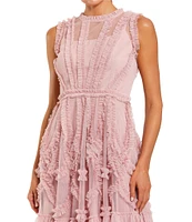 Mac Duggal Illusion Mock Neck Sleeveless Mesh Micro Ruffle Mini Dress