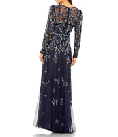 Mac Duggal Illusion Neck Sheer Long Sleeve Floral Beaded Aline Mesh Gown
