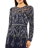 Mac Duggal Illusion Neck Sheer Long Sleeve Floral Beaded Aline Mesh Gown