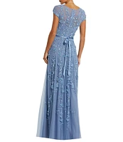 Mac Duggal Illusion Round Neck Cap Sleeve Floral Embellished Mesh Aline Gown