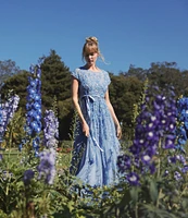 Mac Duggal Illusion Round Neck Cap Sleeve Floral Embellished Mesh Aline Gown