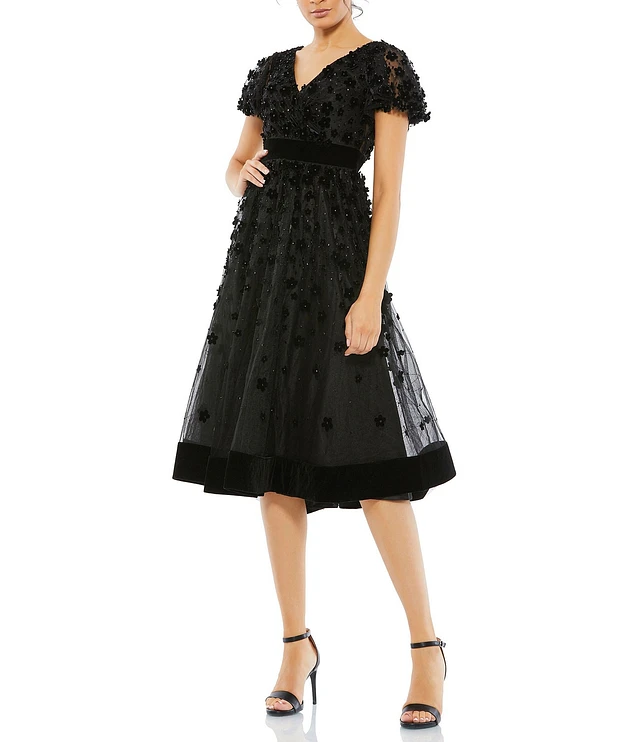 Mac Duggal Illusion V-Neck Flutter Short Sleeve Velvet Trim Butterfly Fit and Flare Midi Dress | Liberty Center Mac Duggal Illusion V-Neck Flutter Short Sleeve Velvet Trim Butterfly Fit and Flare Midi Dress | Liberty Center
