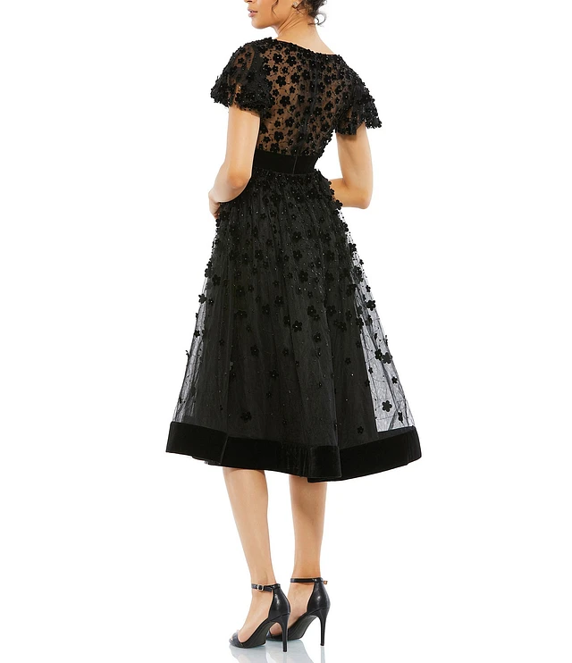 Compare Mac Duggal Illusion V-Neck Flutter Short Sleeve Velvet Trim Butterfly Fit and Flare Midi Dress | Hamilton Place Compare Mac Duggal Illusion V-Neck Flutter Short Sleeve Velvet Trim Butterfly Fit and Flare Midi Dress | Hamilton Place