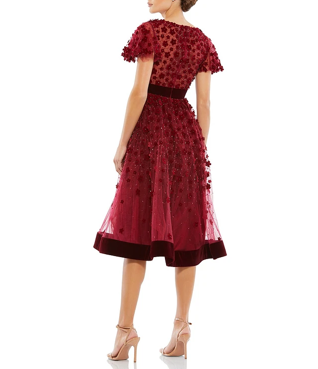 Mac Duggal Illusion V-Neck Flutter Short Sleeve Velvet Trim Butterfly Fit  and Flare Midi Dress | Liberty Center