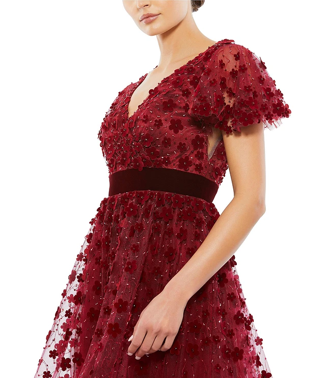 Mac Duggal Illusion V-Neck Flutter Short Sleeve Velvet Trim Butterfly Fit  and Flare Midi Dress | Liberty Center
