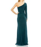 Mac Duggal Jersey Asymmetrical One Shoulder Long Sleeve Beaded Twist Bodice Sheath Gown