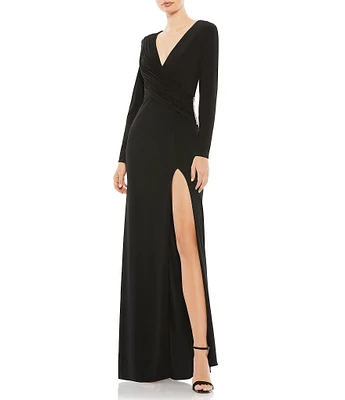 Mac Duggal Jersey Asymmetrical Ruched V-Neck Long Sleeve Thigh High Slit Sheath Gown